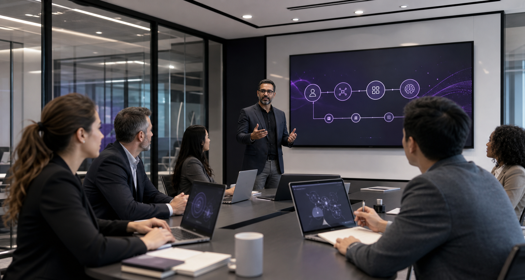 Professional AI training workshop in a modern corporate learning room