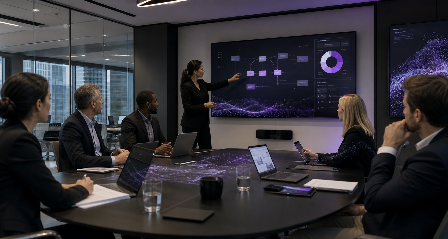 Corporate AI strategy workshop with consultants and executives reviewing AI dashboards